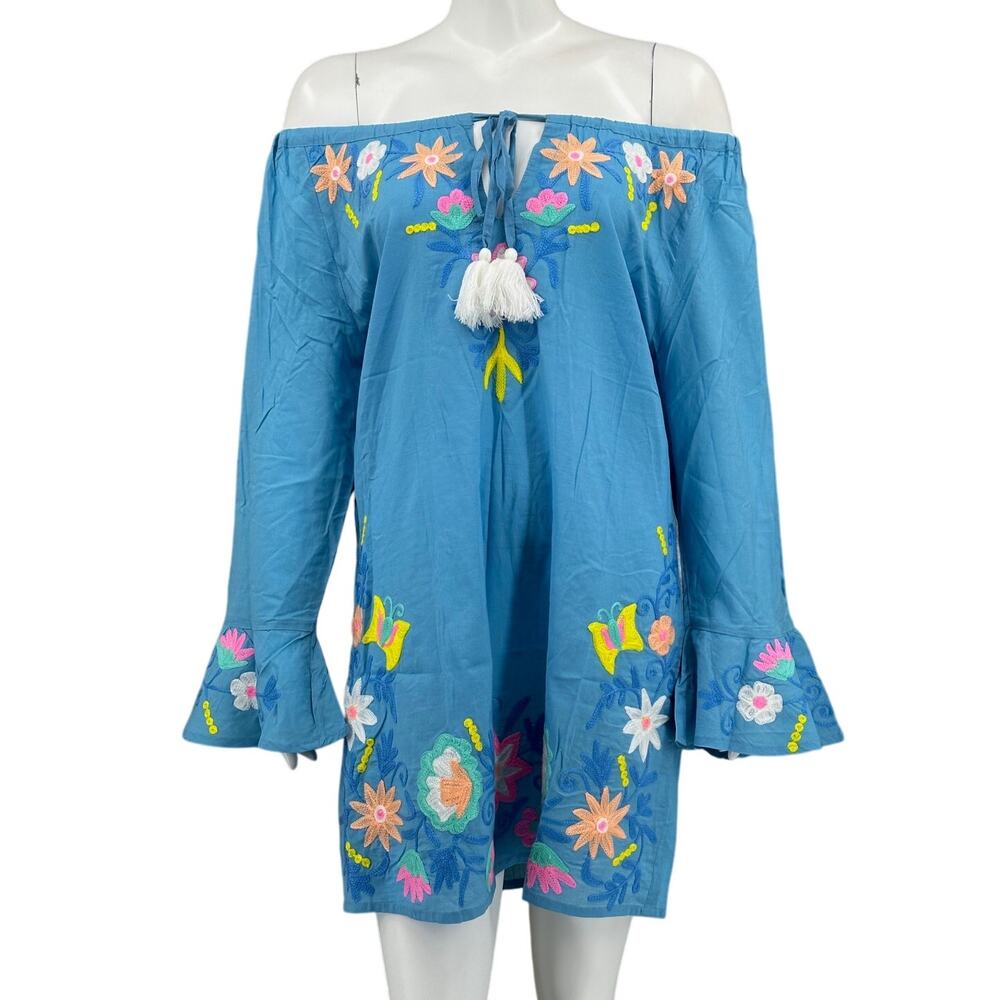 Debbie Katz Dress Womens Medium Blue Floral Embroidered Tassels Art‎ Boho Beachy